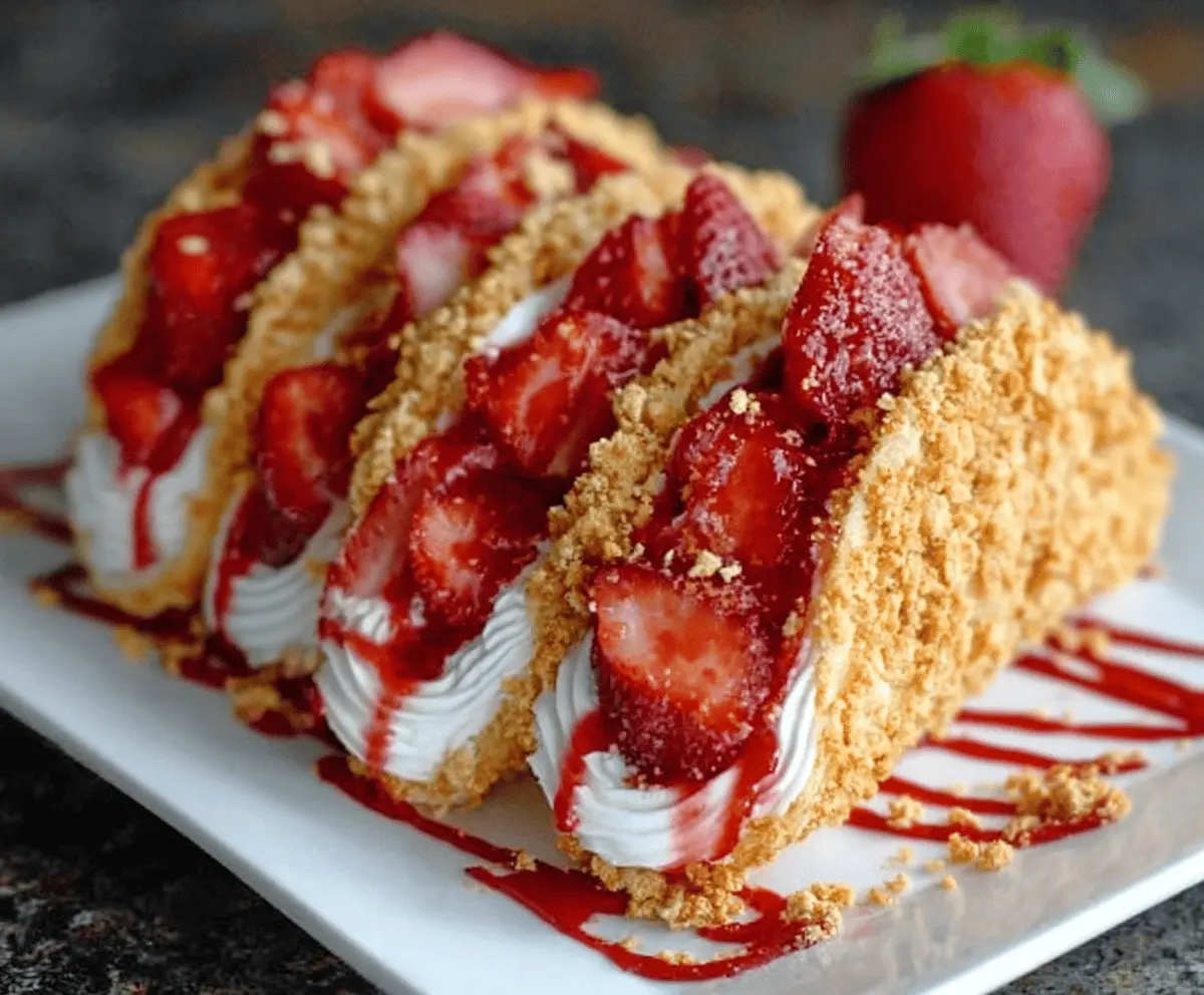 Delicious Strawberry Crunch Cheesecake Tacos topped with fresh strawberries and crunchy graham cracker crust.