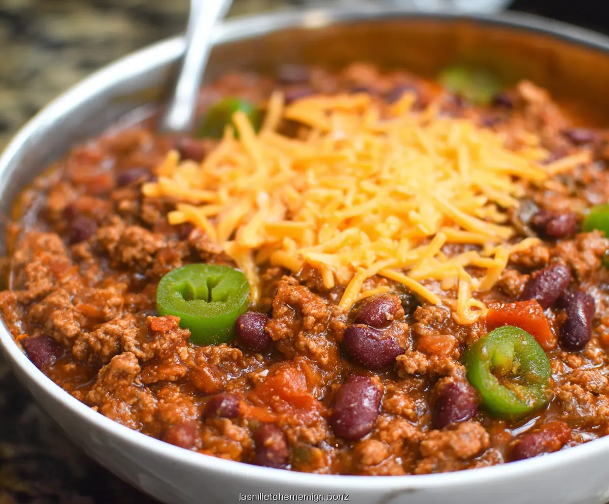 A hearty bowl of Pioneer Woman Chili with beans, meat, and spices in a rustic setting