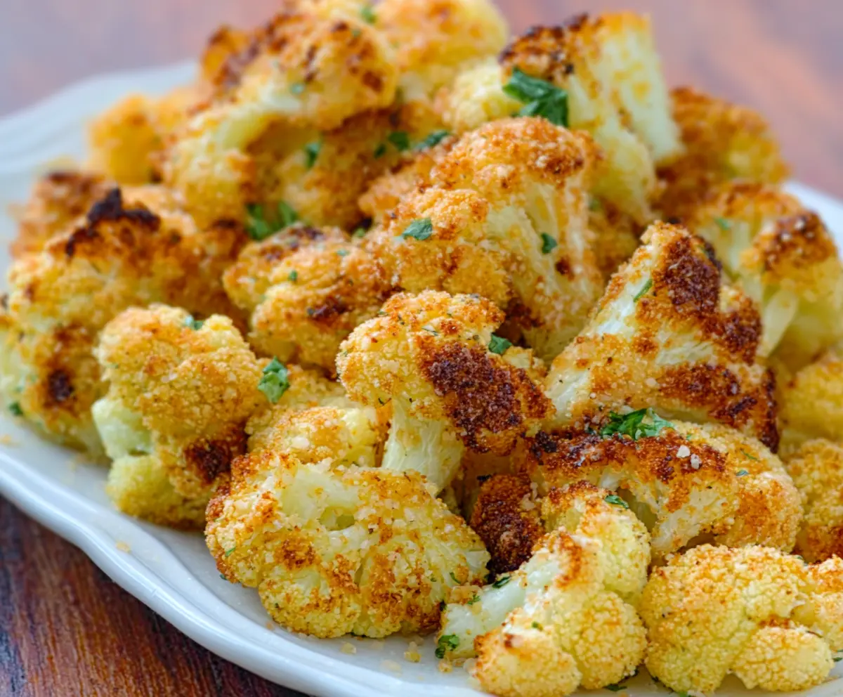 Crispy Air Fryer Parmesan Roasted Cauliflower served on a white plate, garnished with parsley.