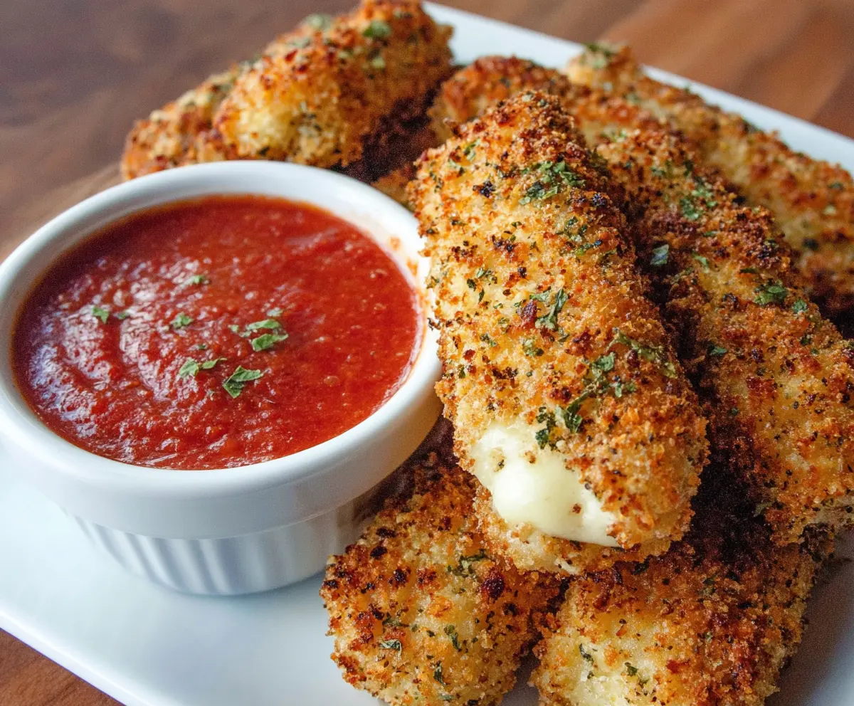 Crispy baked mozzarella sticks coated with golden breadcrumbs served with marinara sauce.