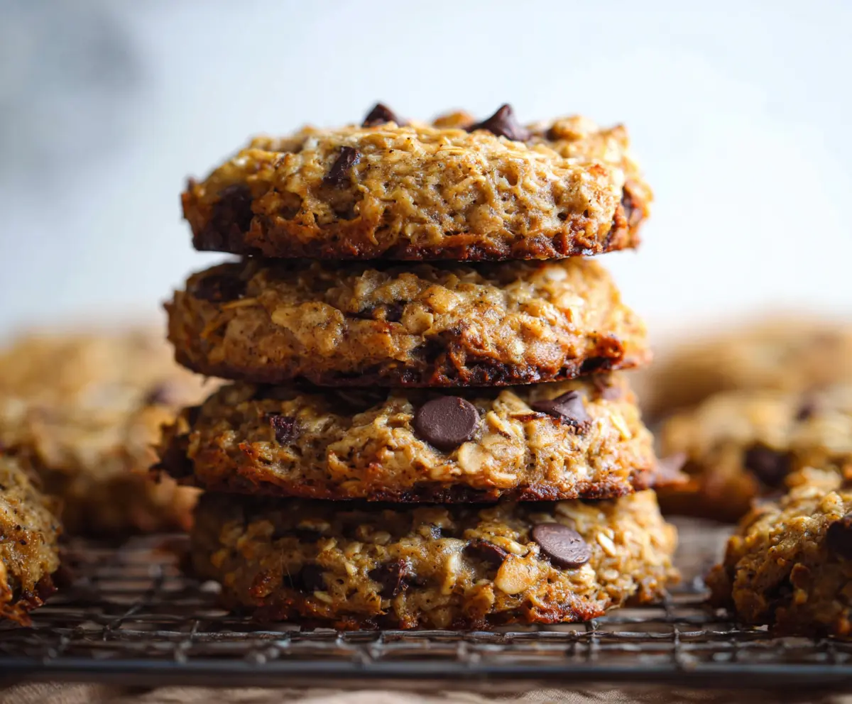 Homemade banana oatmeal cookies on a baking tray with ripe bananas in the background.