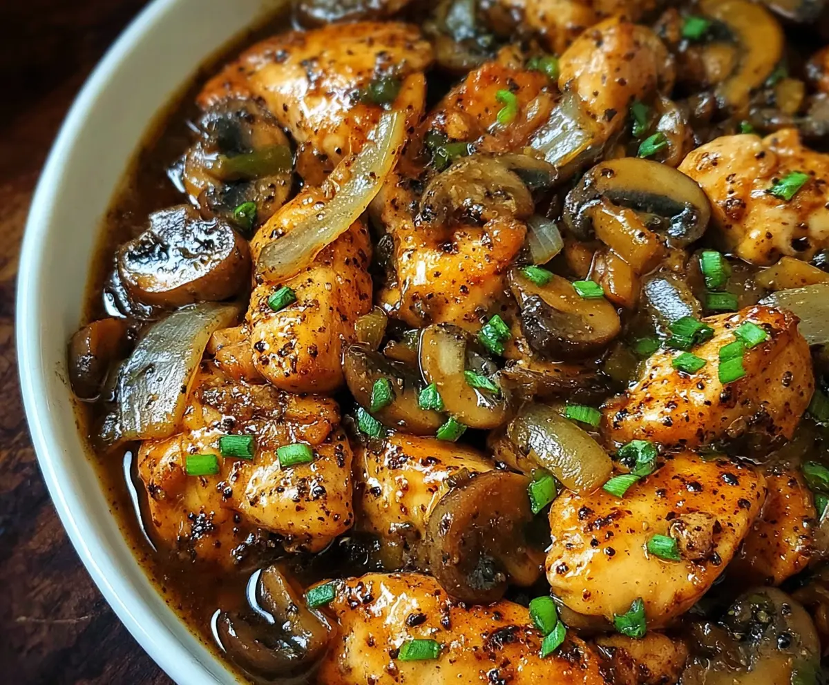 Delicious black pepper chicken with mushrooms served on a plate, showcasing a savory Asian-inspired dish.