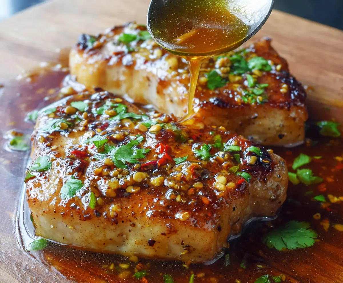 Juicy boneless pork chops glazed with honey garlic sauce served on a plate.