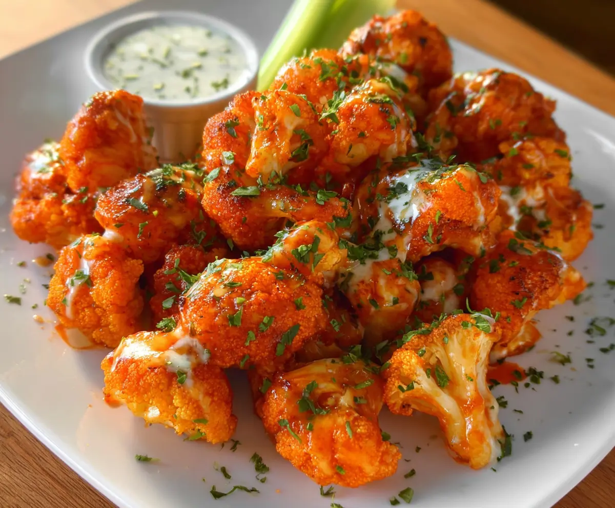 Delicious buffalo cauliflower bites served with dipping sauce, perfect for appetizers or snacks