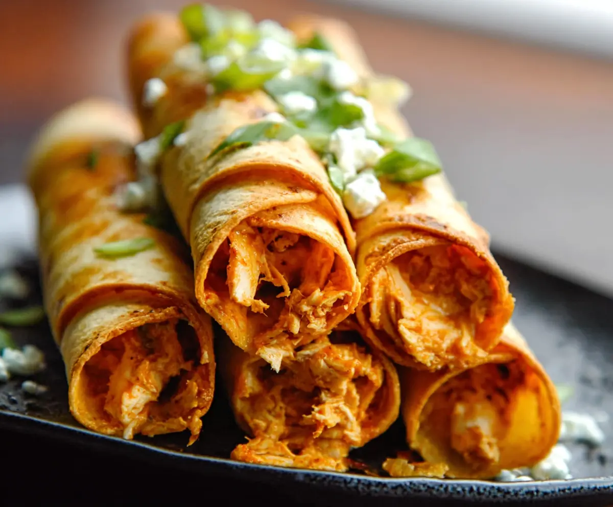Crispy buffalo chicken taquitos served with a side of dipping sauce on a plate.