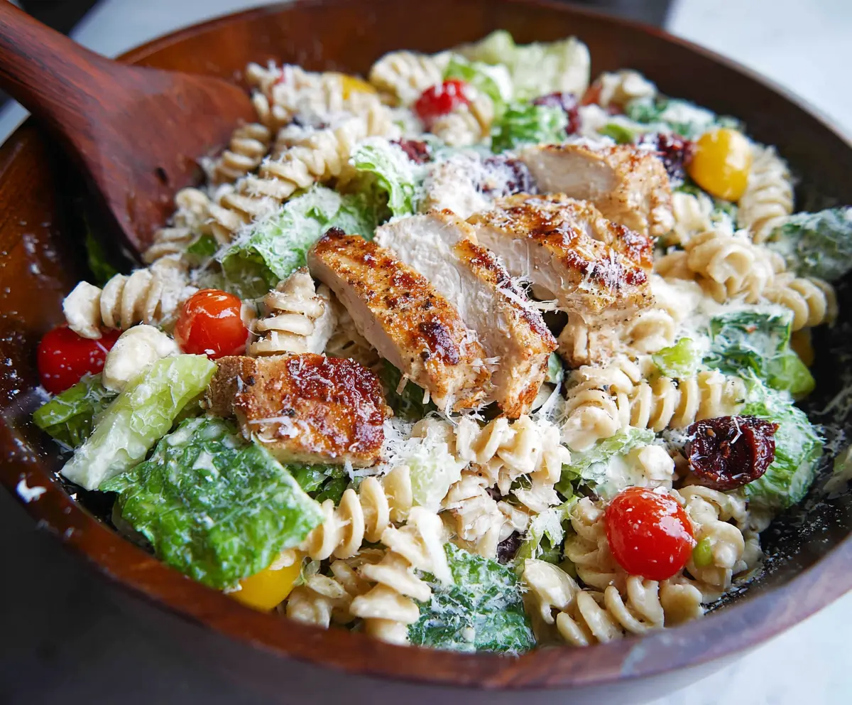 Delicious Chicken Caesar Pasta Salad with fresh greens and creamy dressing