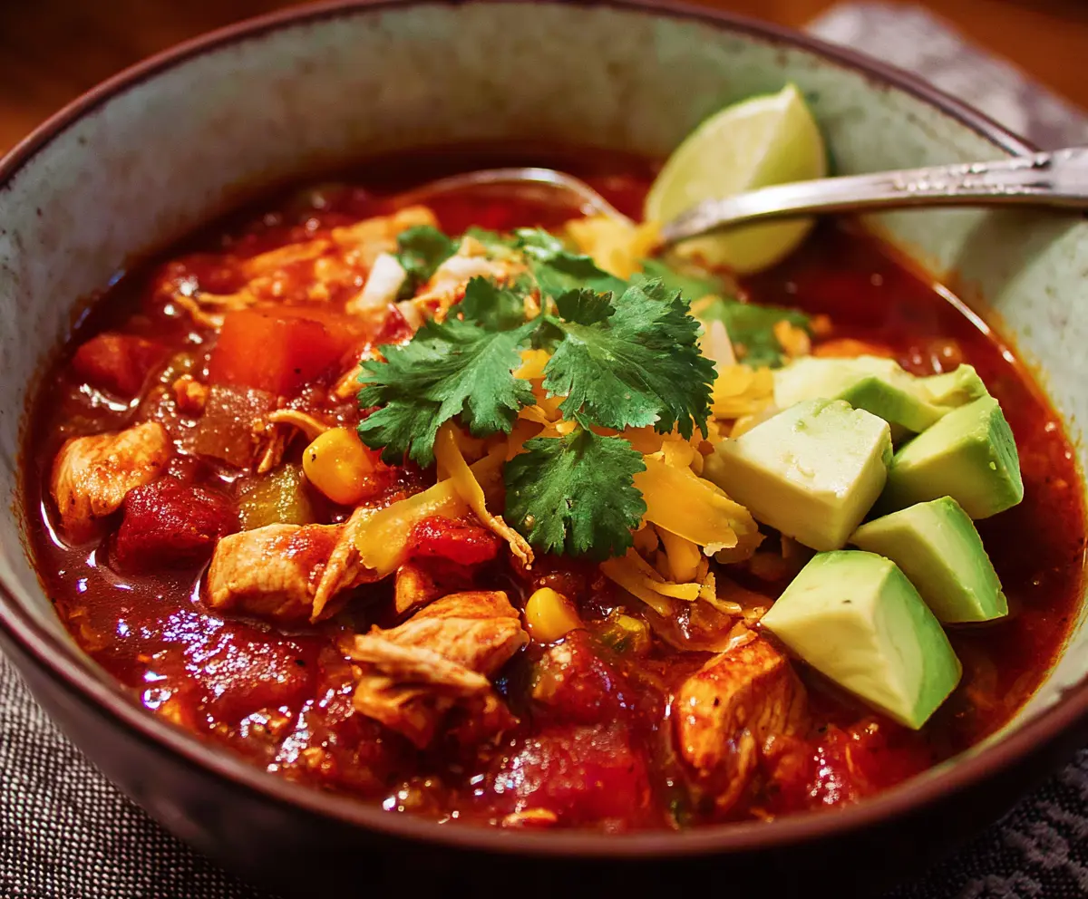 Delicious homemade chicken chili with beans and spices, served in a bowl.
