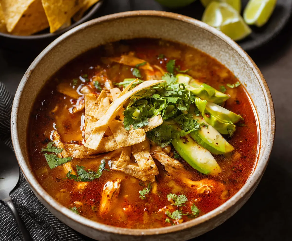 Delicious homemade Chicken Tortilla Soup with shredded chicken, crispy tortilla strips, and melted cheese in a bowl.