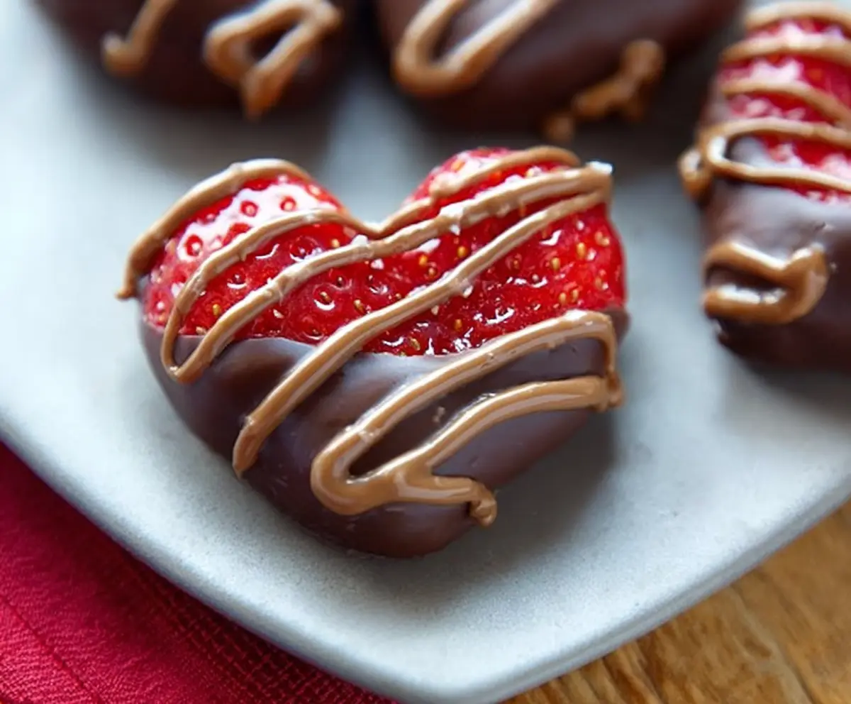 Chocolate-Dipped Strawberry Pretzel Hearts arranged on a plate for a sweet Valentine's Day treat.