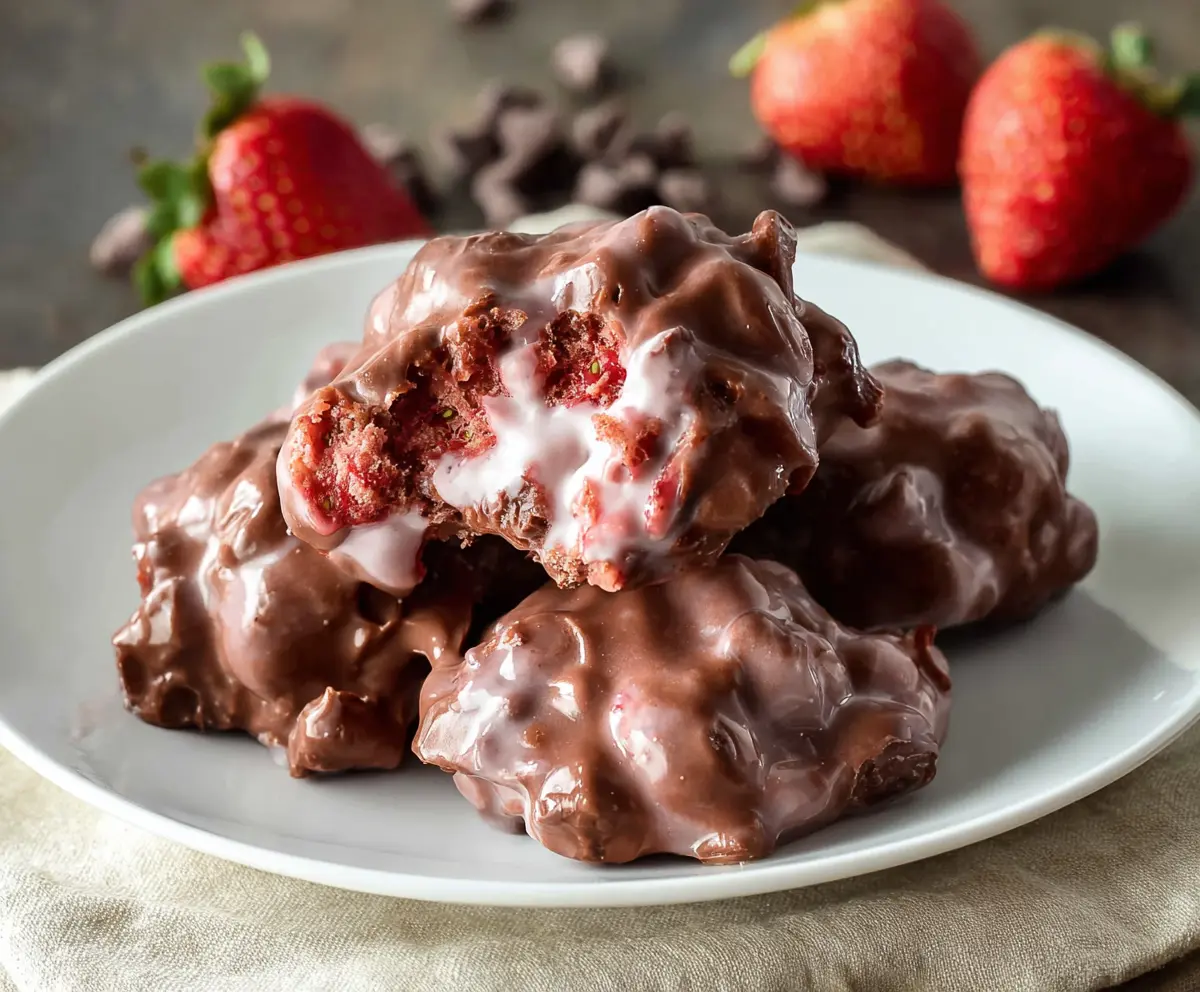 Delicious Chocolate Strawberry Yogurt Clusters on a white plate garnished with fresh strawberries and chocolate shavings