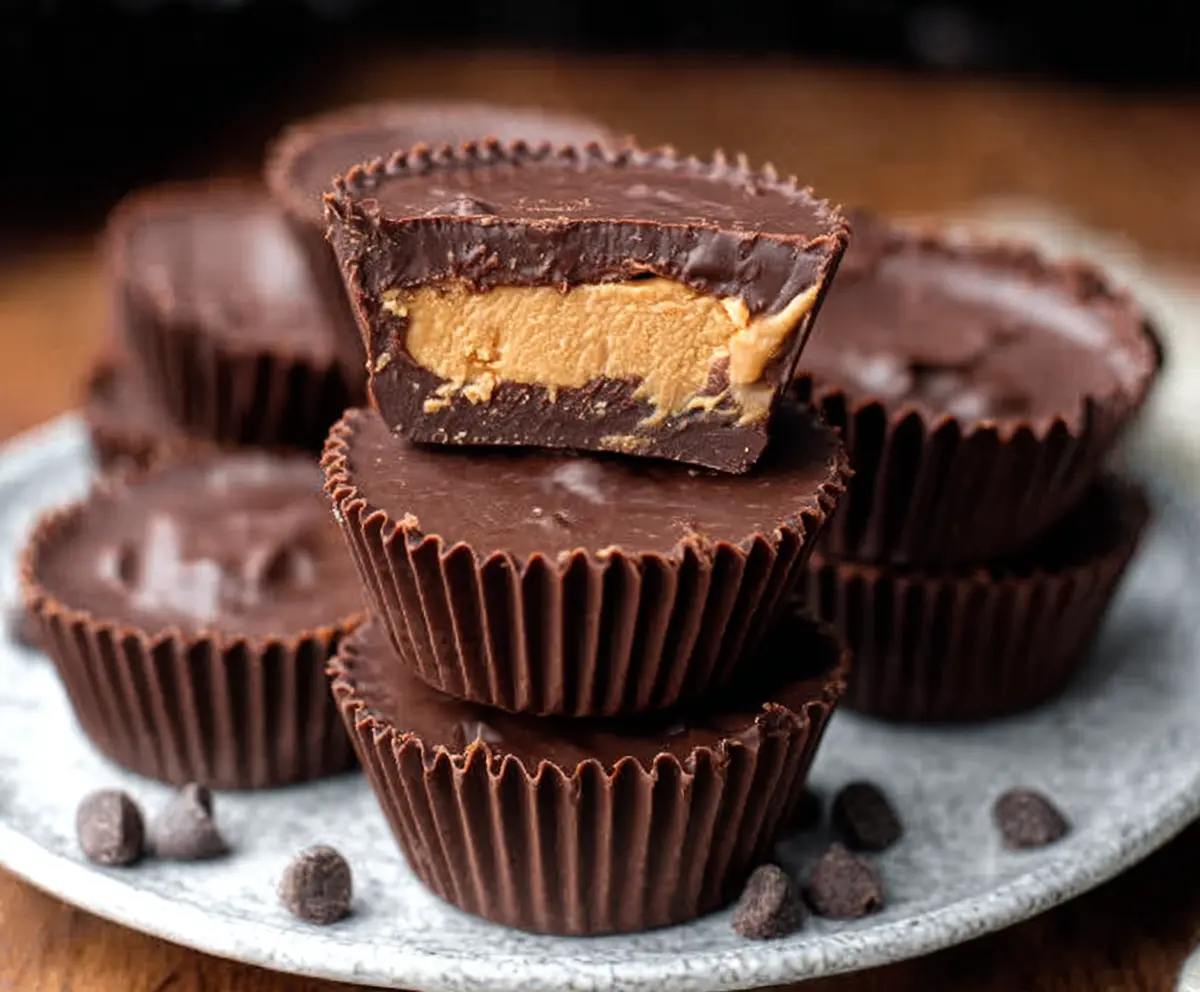 Delicious homemade Reese’s Peanut Butter Cups on a white plate, showcasing glossy chocolate and creamy peanut butter filling.