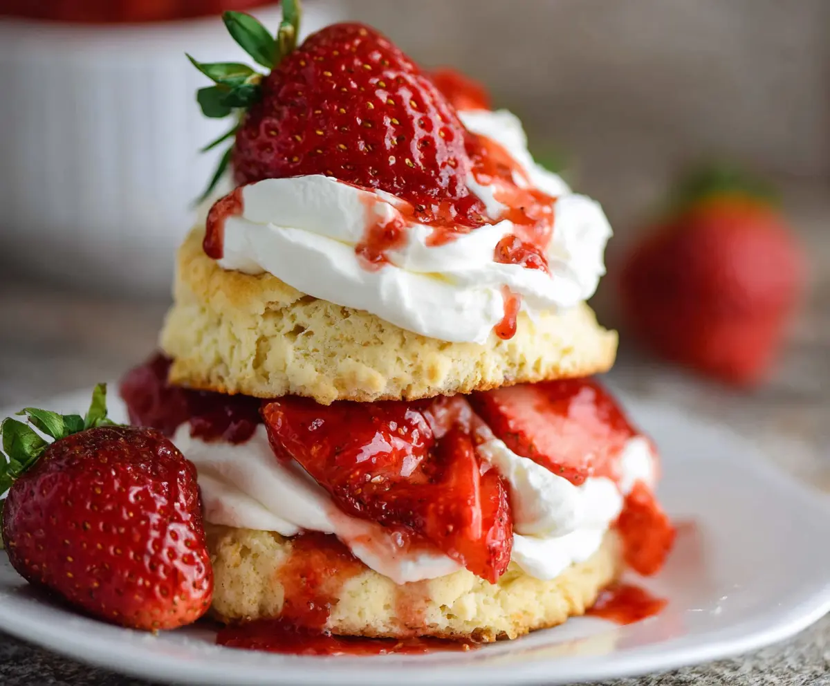 Delicious classic strawberry shortcake with fresh strawberries and fluffy whipped cream on a rustic plate