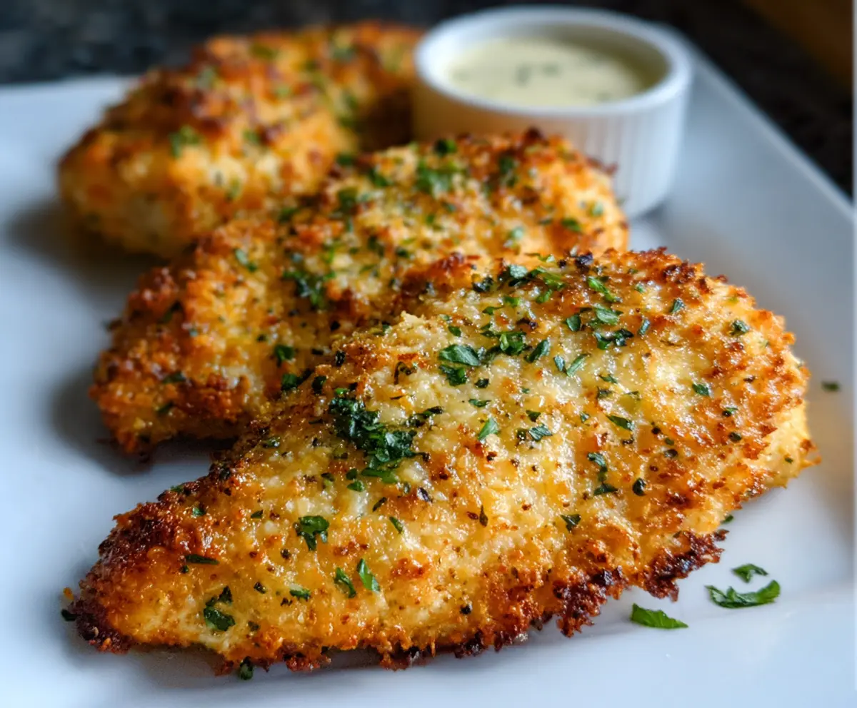 Golden crispy air fryer Parmesan crusted chicken served on a plate with fresh herbs