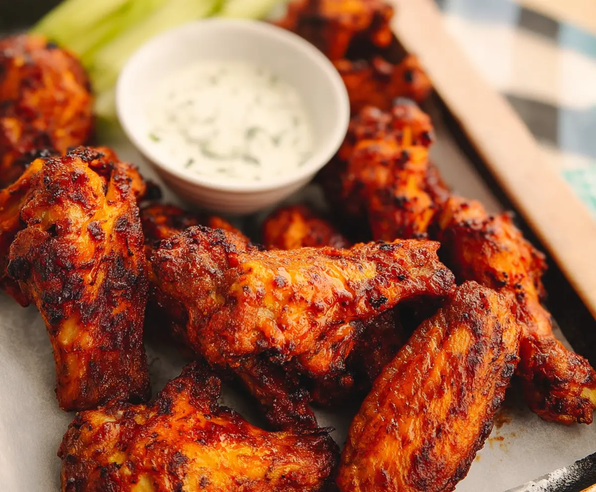 Plate of crispy buffalo chicken wings with spicy sauce and celery sticks.