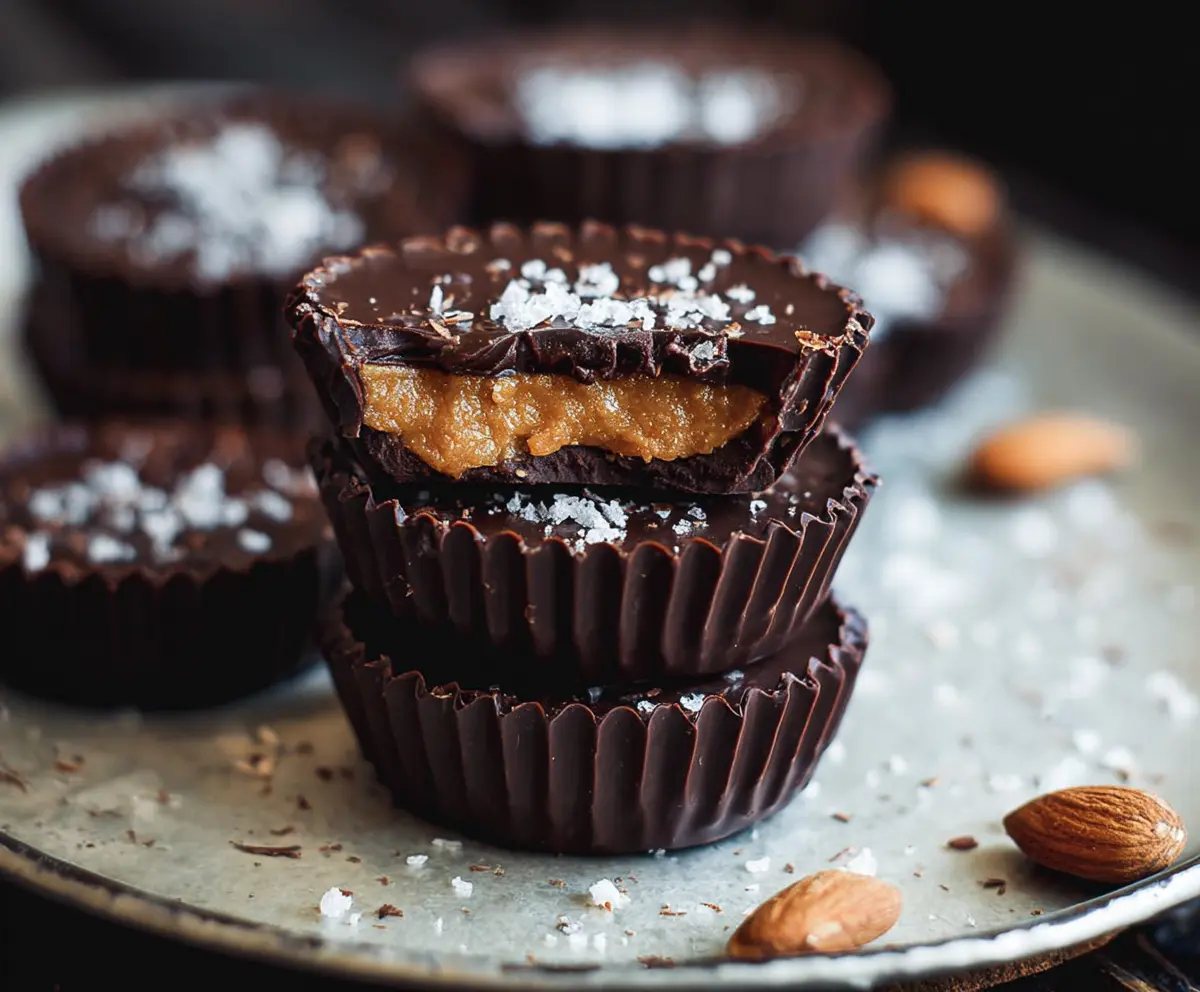 Delicious dark chocolate almond butter cups topped with crunchy almonds.