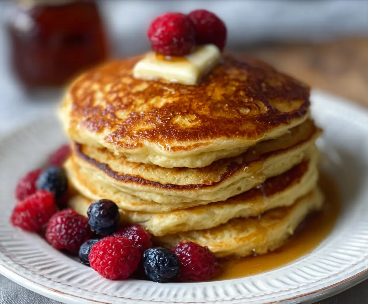 Delicious fluffy sourdough discard pancakes stacked on a plate with syrup and fresh berries.