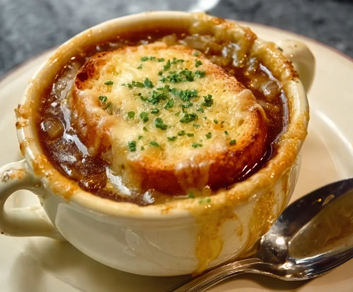 Delicious French Onion Soup served in a bowl with melted cheese and toasted bread on top.