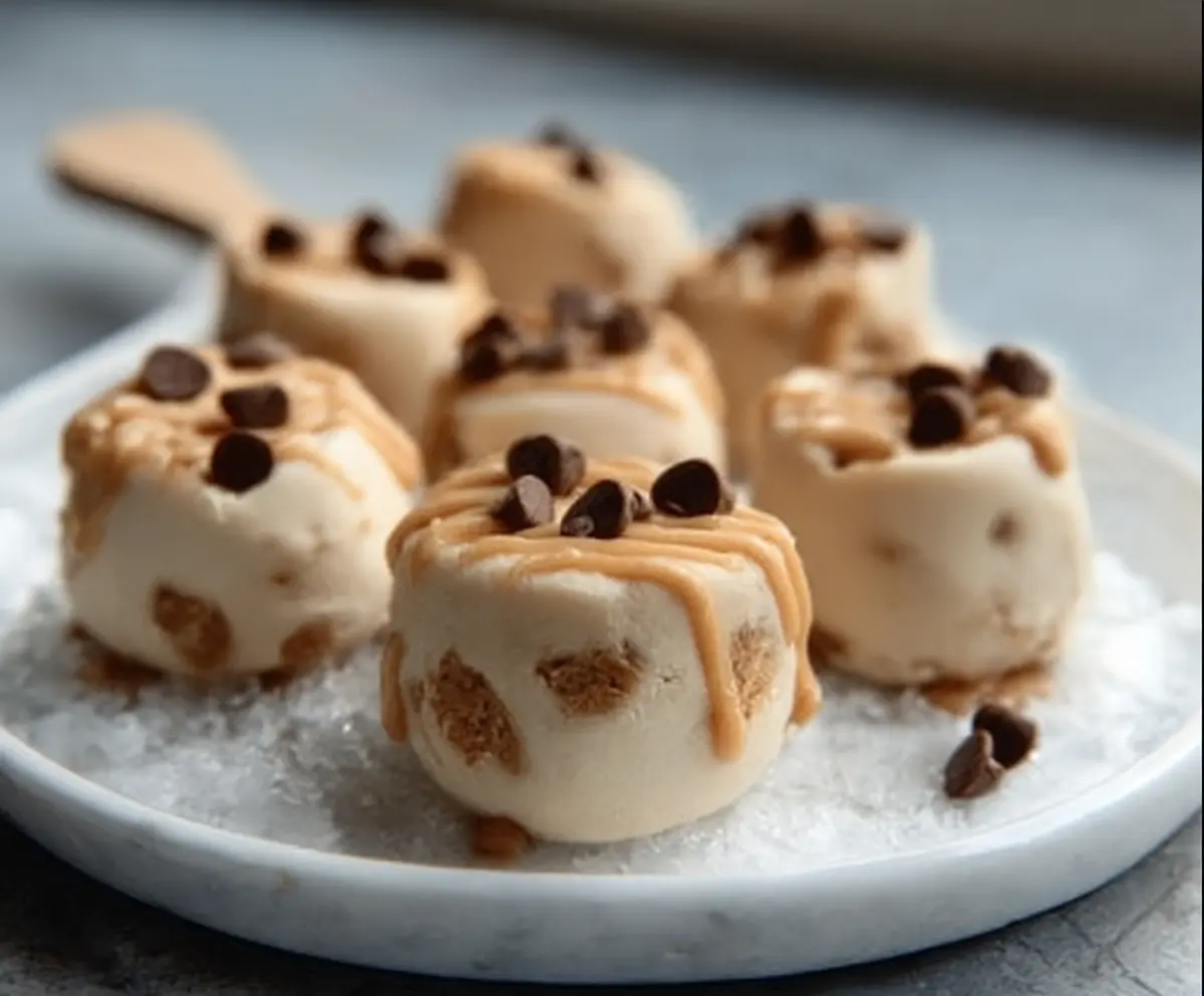 Frozen peanut butter yogurt bites on a plate, perfect for healthy snacks.