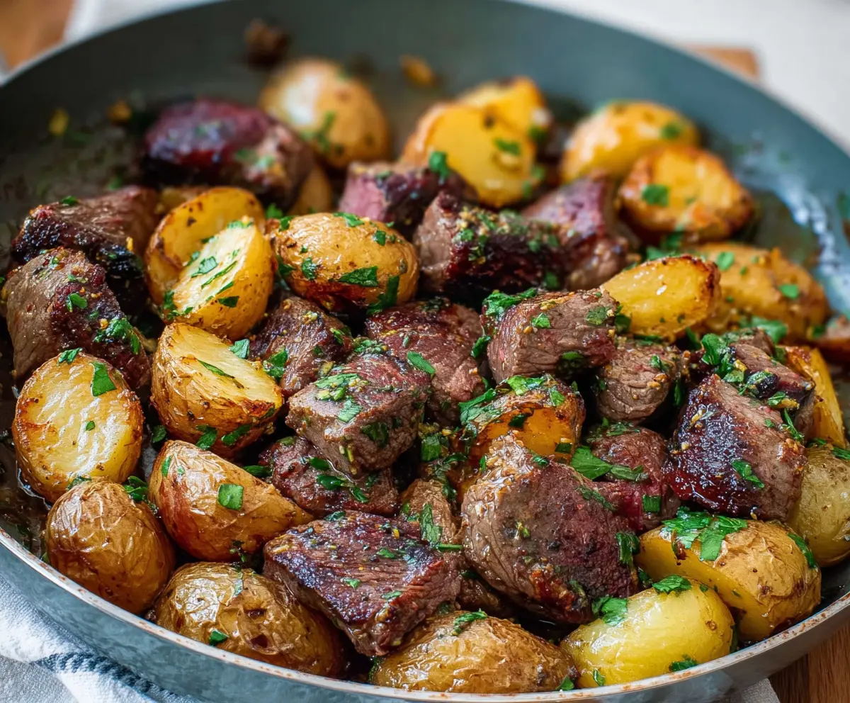 Delicious garlic butter steak bites served with crispy golden potatoes ideal for a savory meal.