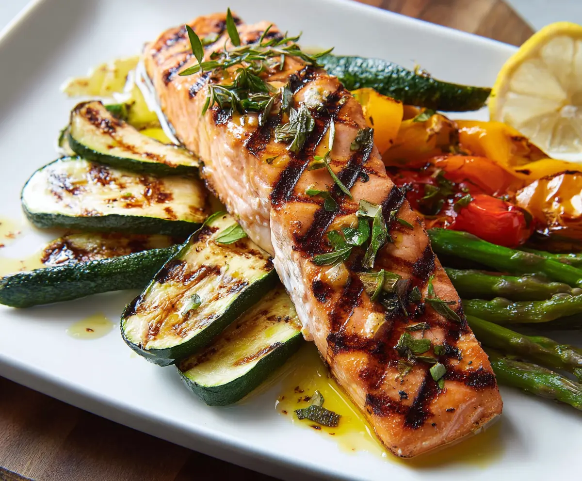 Delicious grilled salmon served with a side of colorful roasted vegetables on a plate.