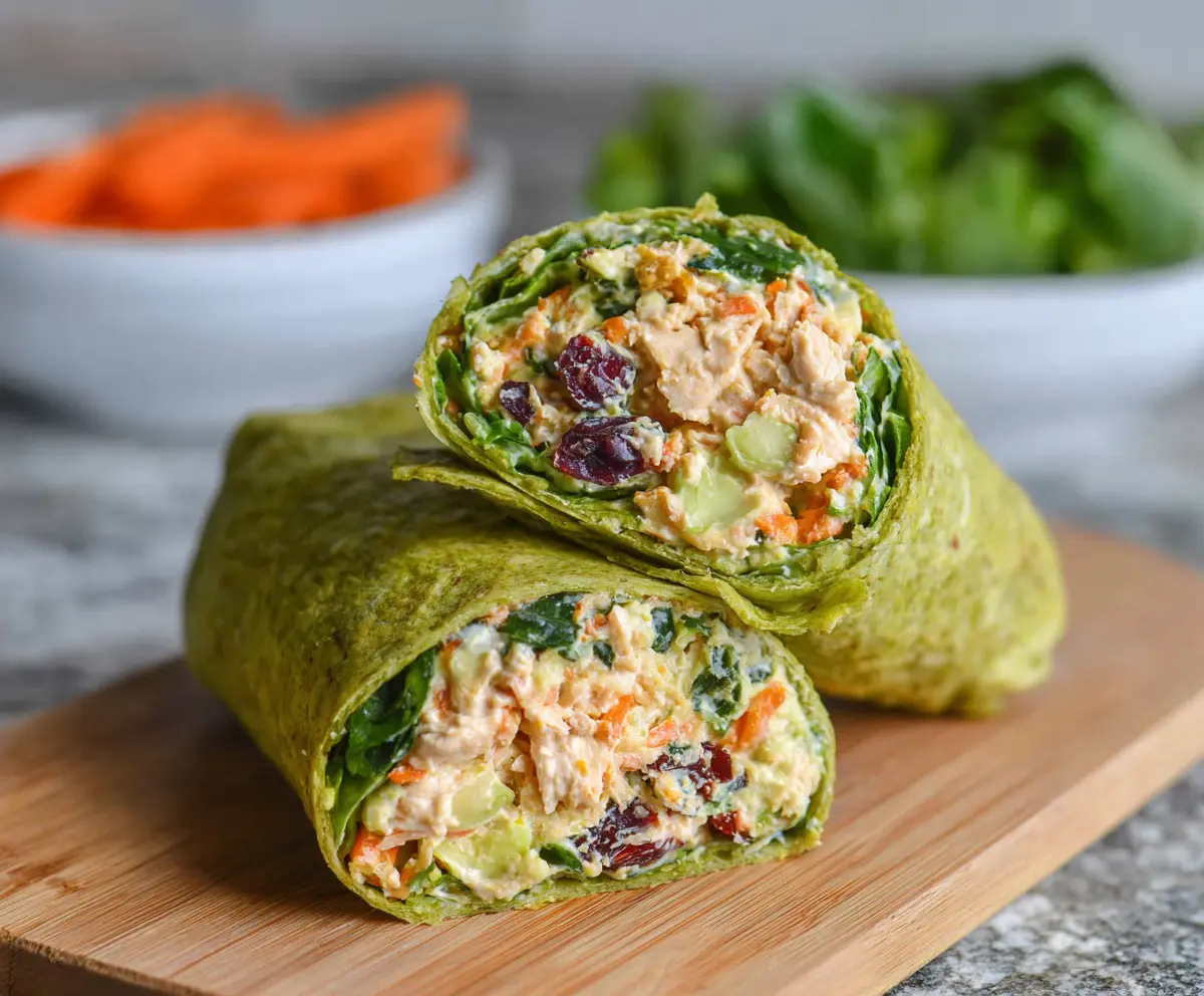 Healthy chicken salad wraps filled with fresh vegetables and lean chicken in a whole wheat tortilla.