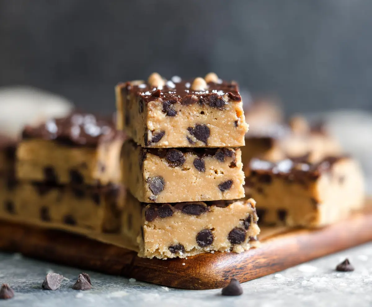 Healthy no bake cookie dough bars with oats, chocolate chips, and natural sweeteners.