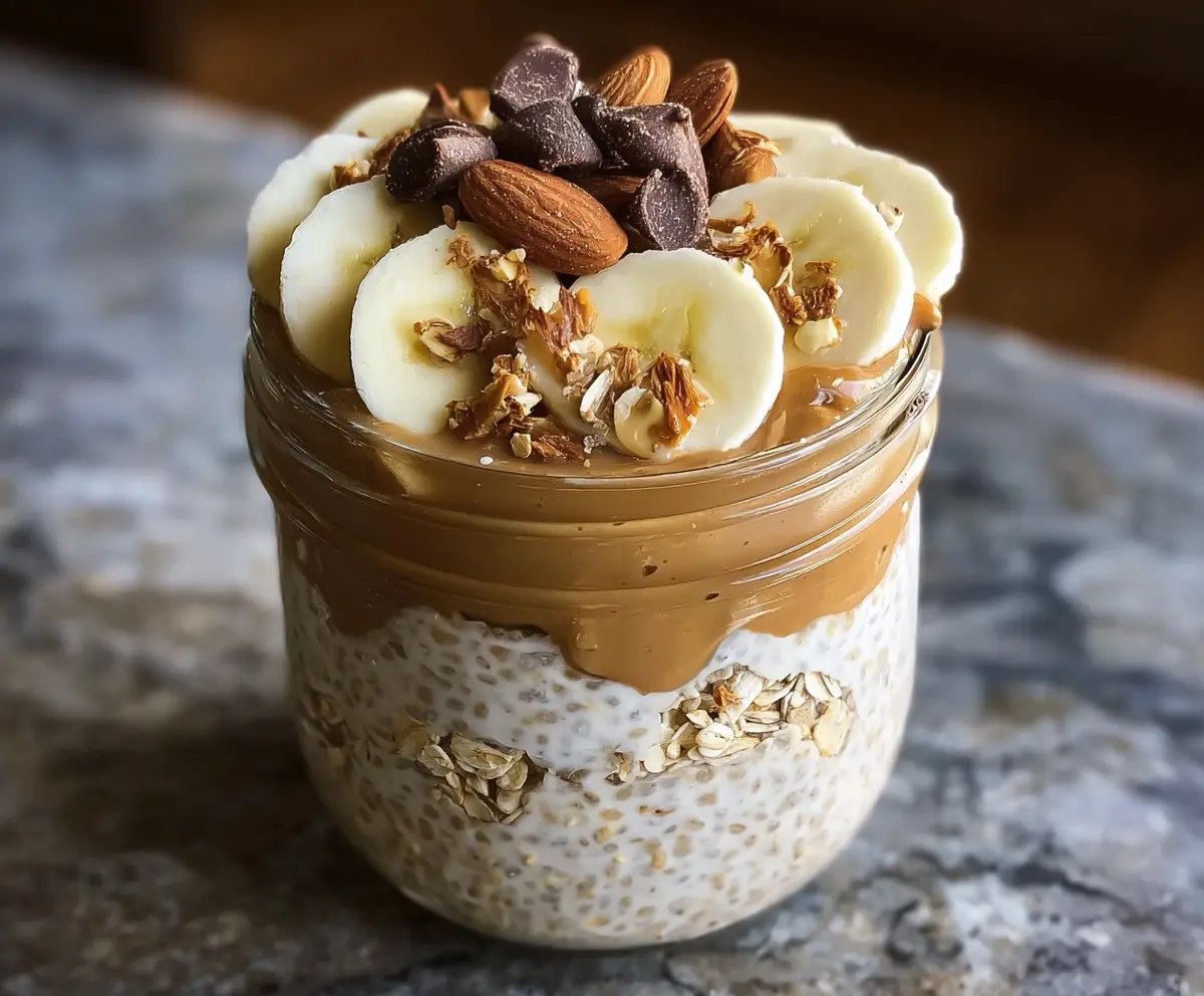 Delicious high-protein peanut butter overnight oats in a glass jar with fresh fruit topping