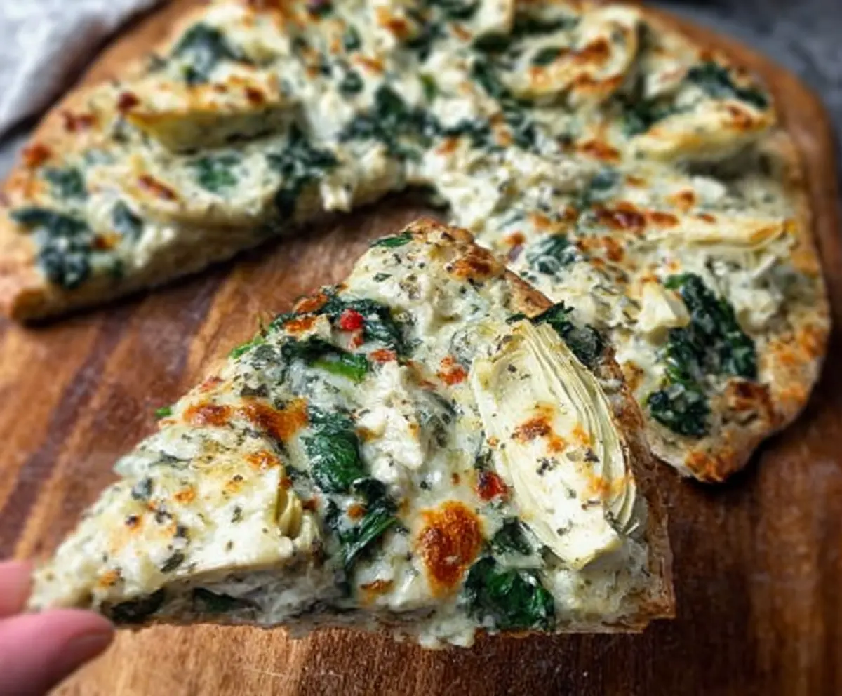 High Protein Spinach Artichoke Pizza