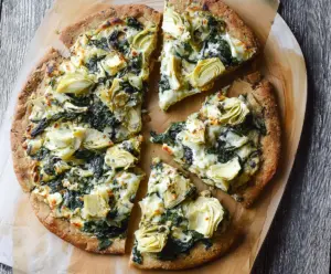 High Protein Spinach Artichoke Pizza