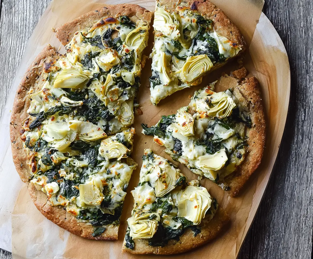 Delicious high-protein spinach and artichoke pizza slice with melted cheese and crispy crust.
