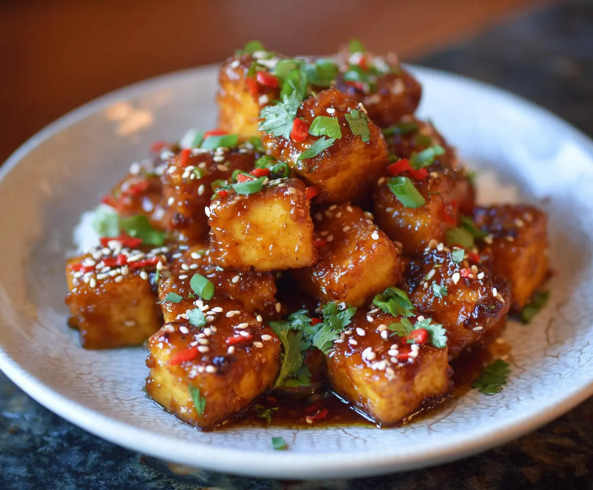 Delicious crispy honey garlic tofu served with fresh vegetables on a white plate.