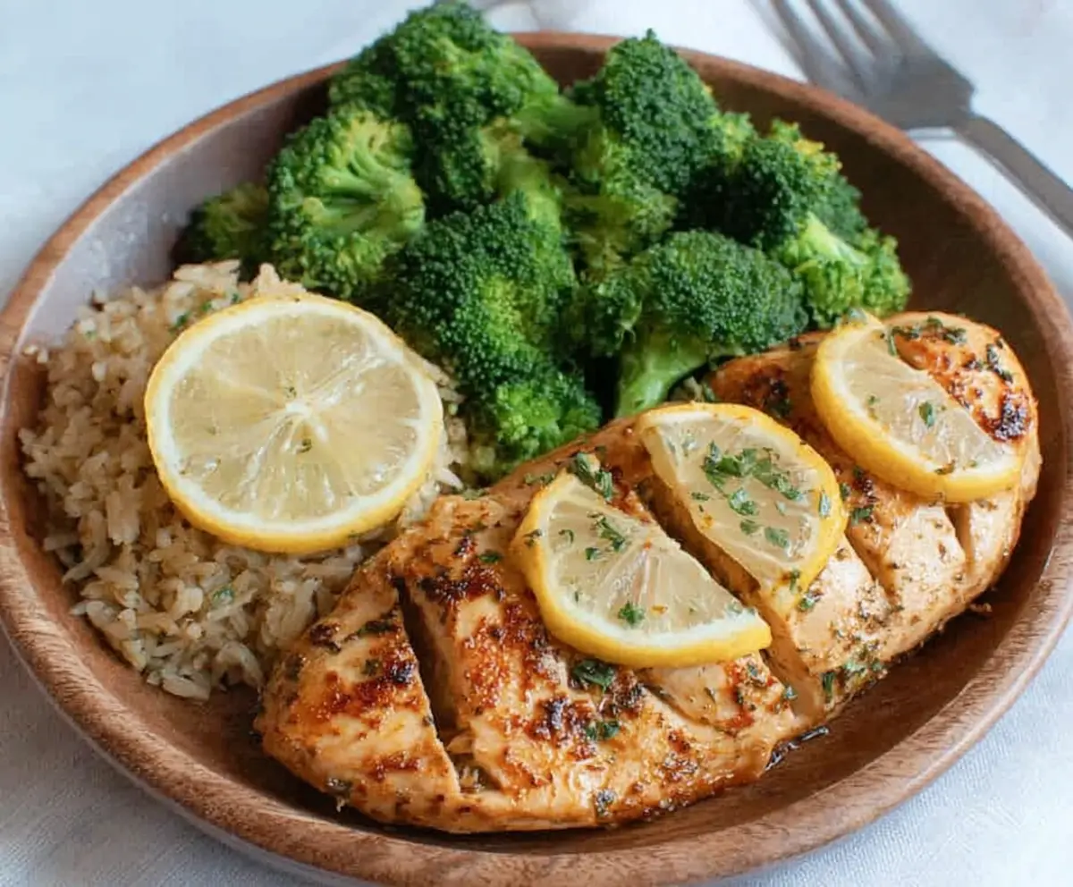 Juicy Lemon Garlic Chicken served with steamed broccoli on a plate.