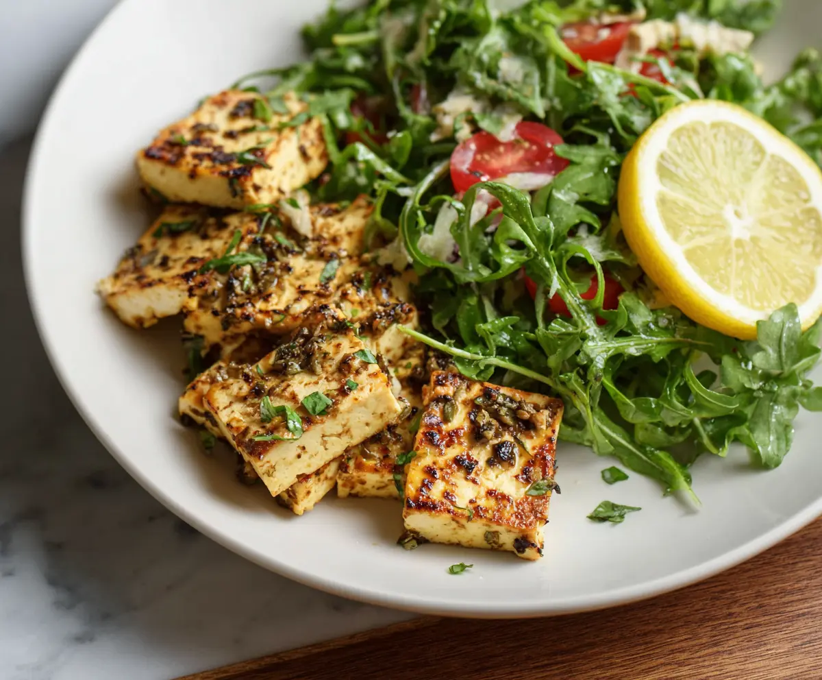 Vibrant Lemon-Garlic Tofu served with fresh arugula salad, showcasing a healthy and flavorful vegan meal.