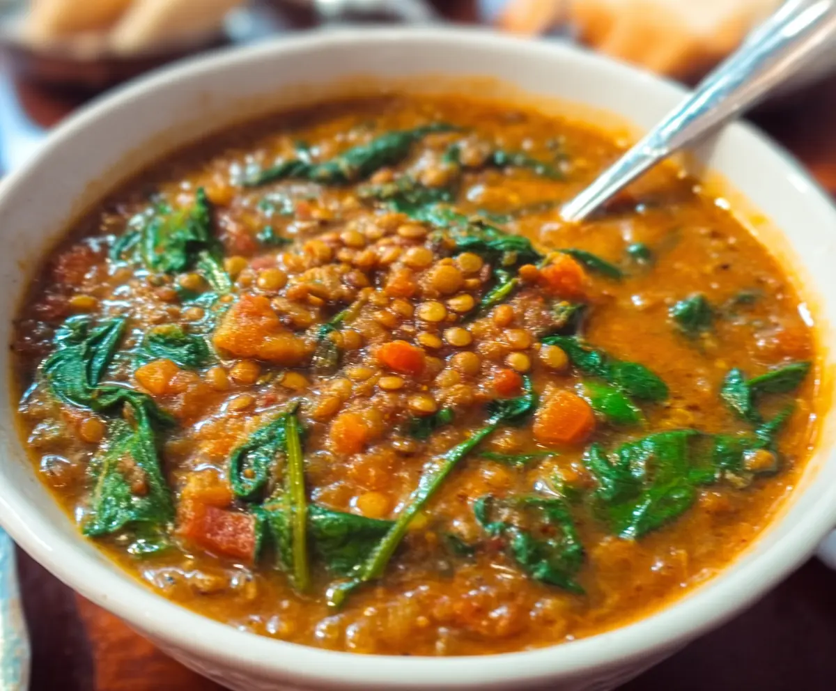Delicious bowl of lentil and spinach soup garnished with fresh herbs, perfect for a healthy meal.