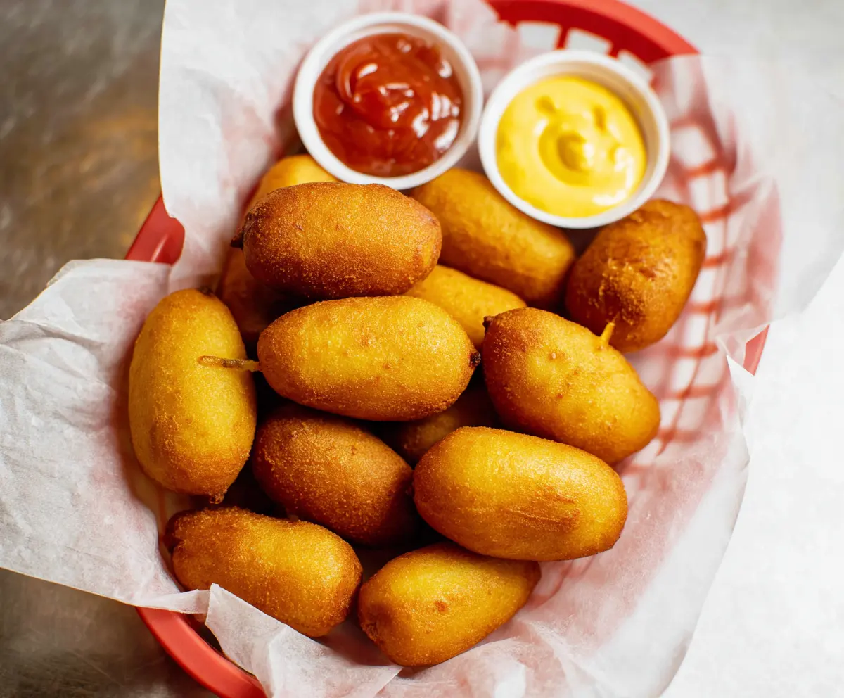 Delicious mini corn dogs with golden crispy coating on a plate, perfect for snacking or parties.