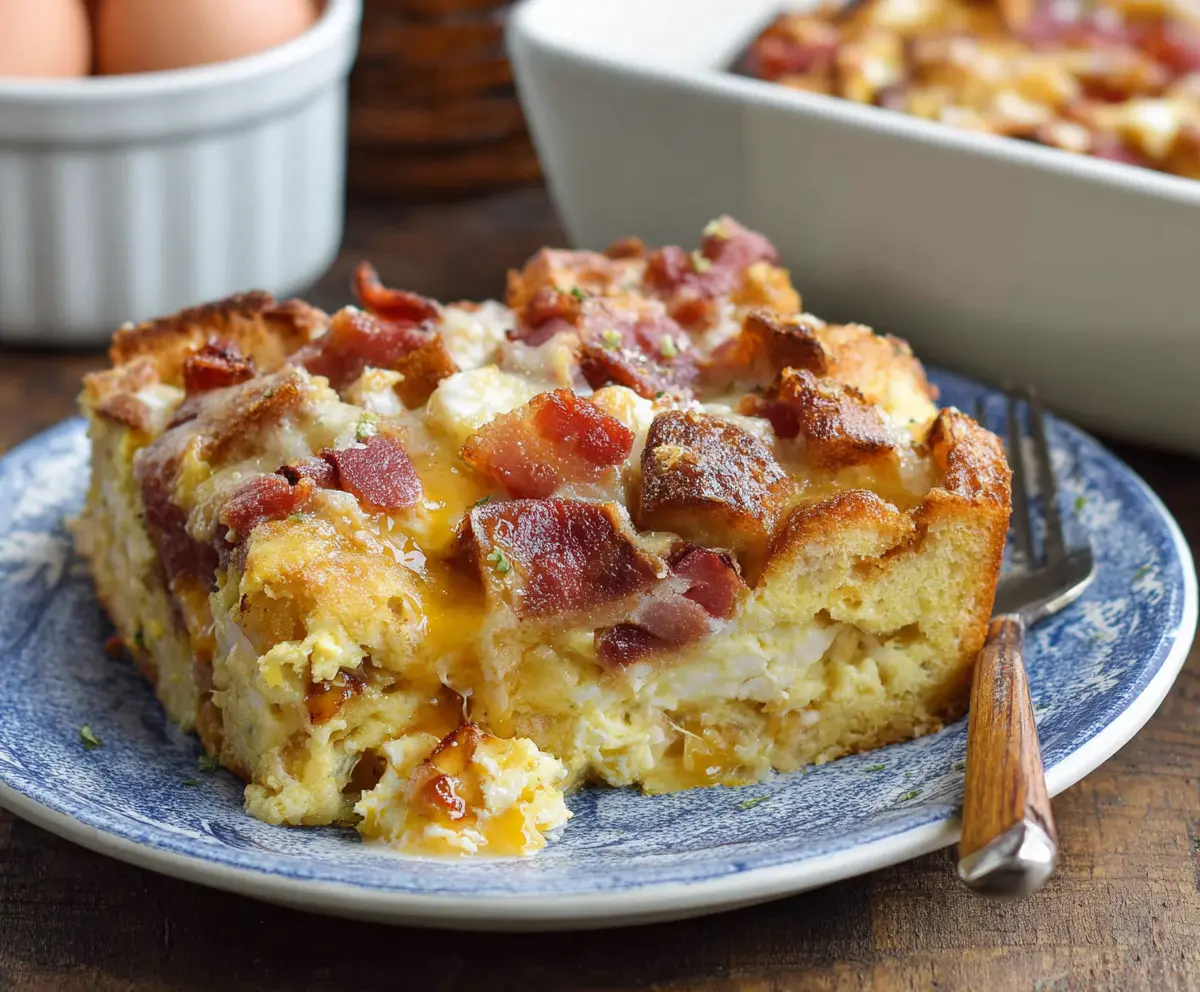 Delicious Monte Cristo Breakfast Casserole with eggs, ham, cheese, and bread baked to perfection
