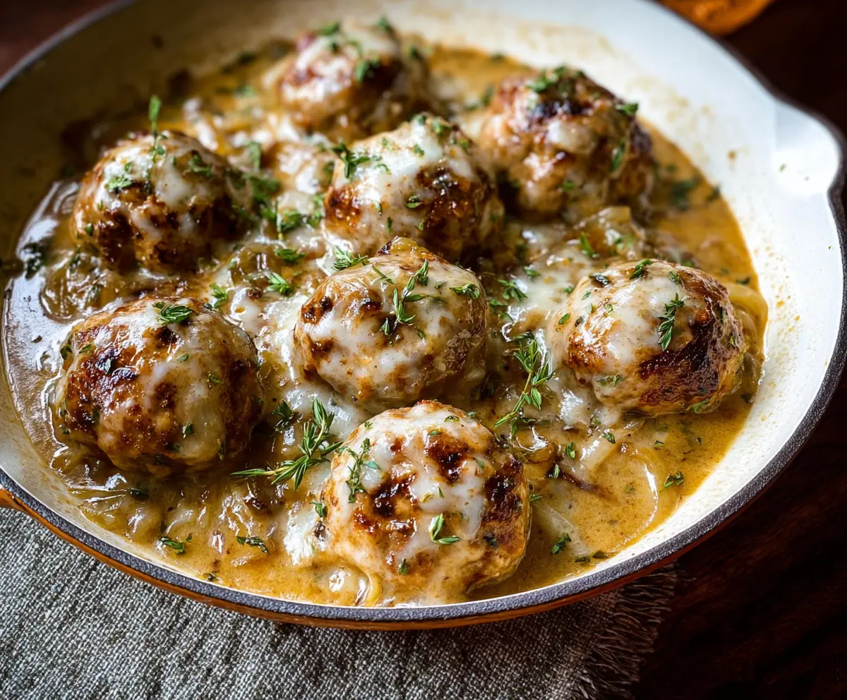 Delicious onion meatballs served with a rich savory onion sauce on a plate.