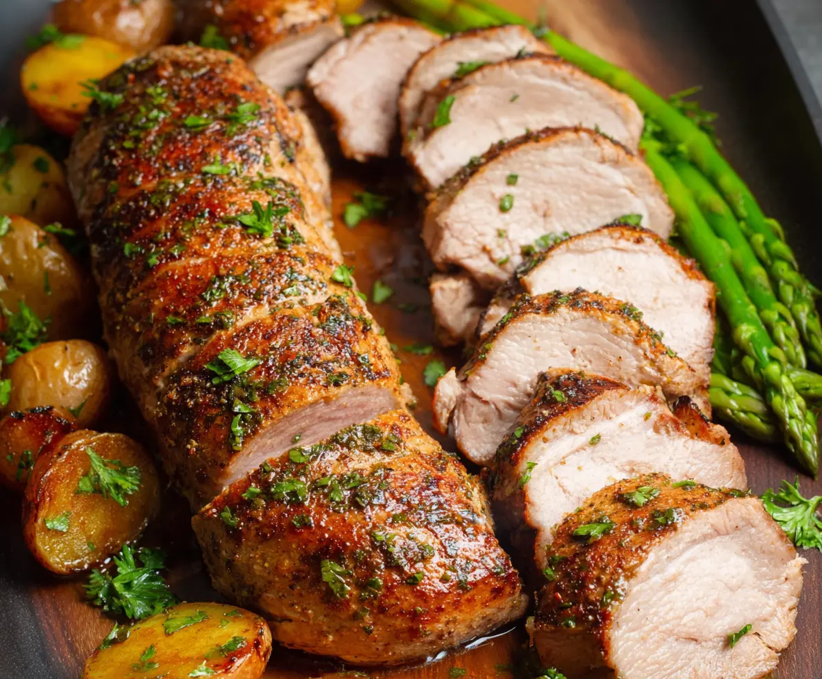 Delicious oven baked pork tenderloin with golden brown crust served on a plate.