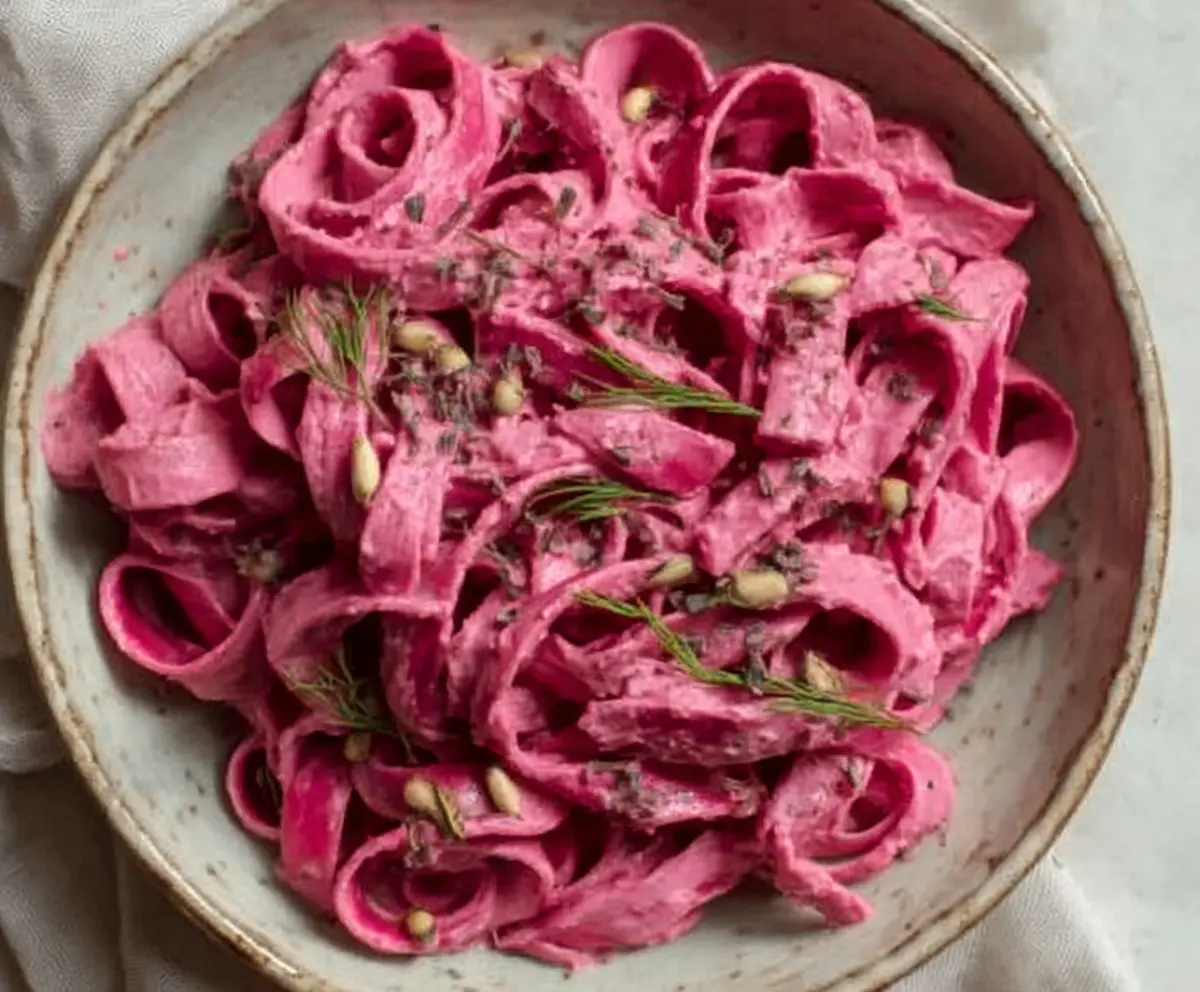 Vibrant pink pasta topped with creamy beet sauce, garnished with fresh herbs for a colorful vegetarian dish.