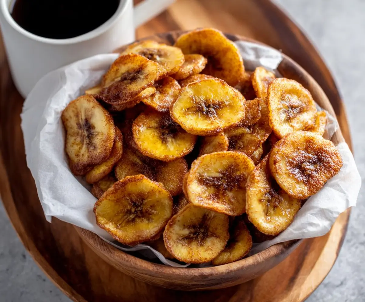 Crispy homemade air fryer cinnamon banana chips on a white plate, perfect healthy snack