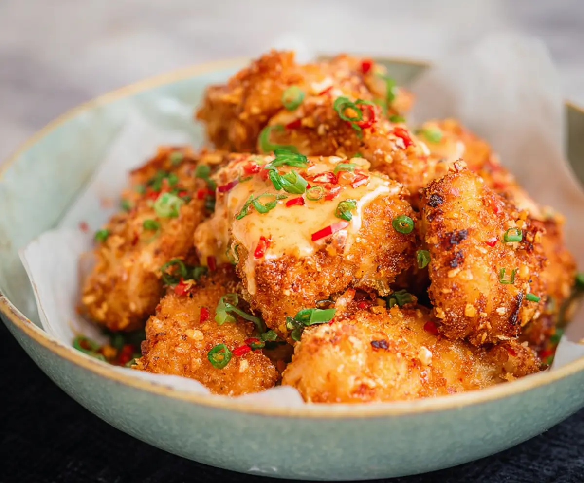Delicious crispy Air Fryer Bang Bang Chicken served on a plate with dipping sauce