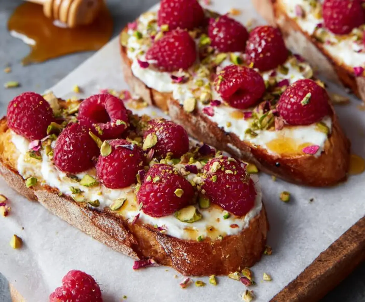 Raspberry Ricotta Toasts with Honey & Pistachios