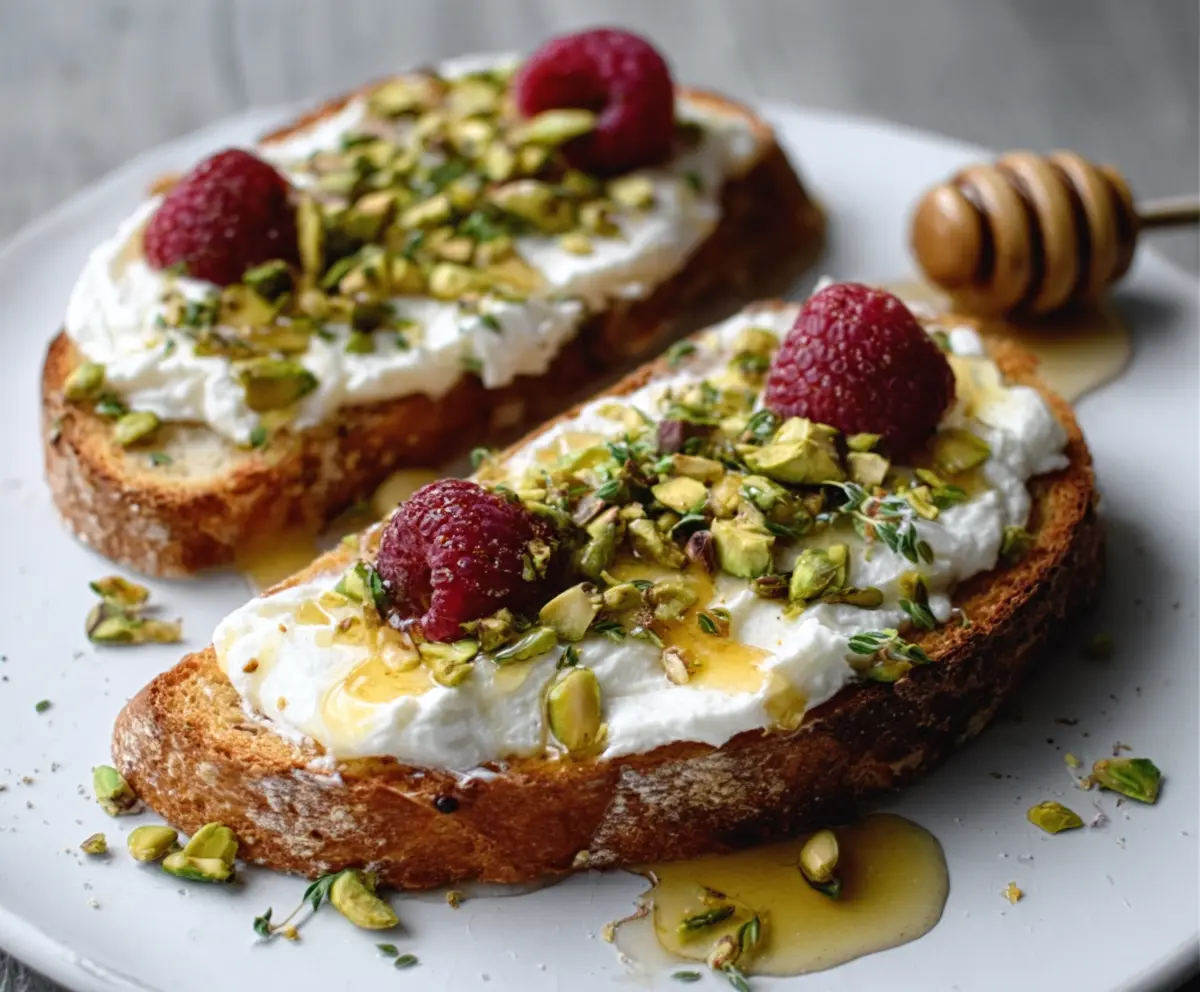 Fresh raspberry ricotta toasts topped with honey and crushed pistachios, perfect for a healthy breakfast or snack.