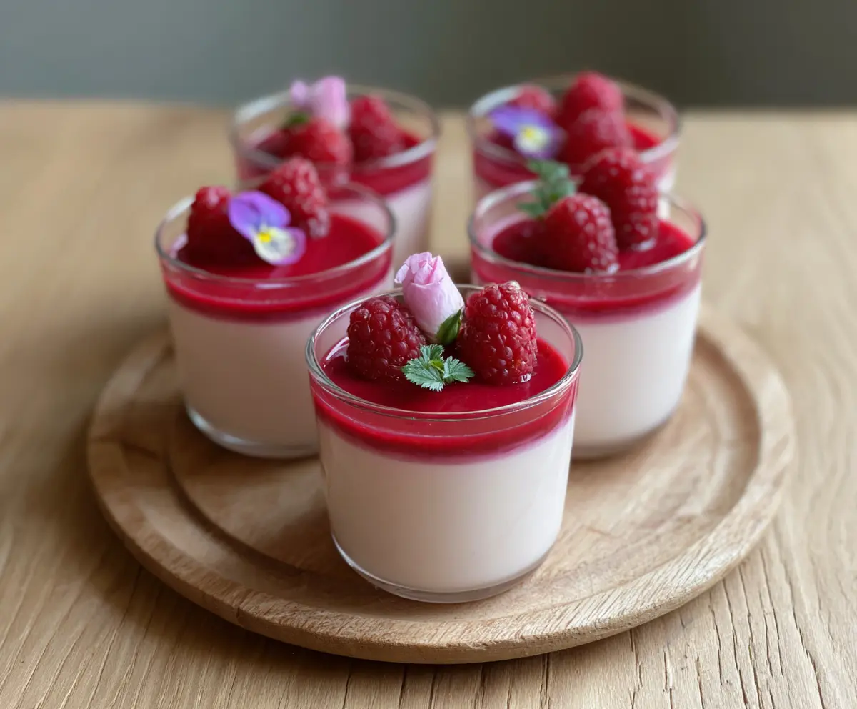 Delicious Raspberry Rose Panna Cotta Cups garnished with fresh raspberries and edible rose petals on a elegant dessert plate.