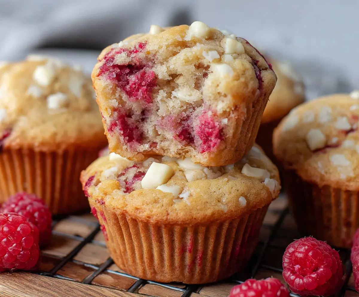 Delicious Raspberry White Chocolate Muffins fresh out of the oven with vibrant raspberries and creamy white chocolate chunks.