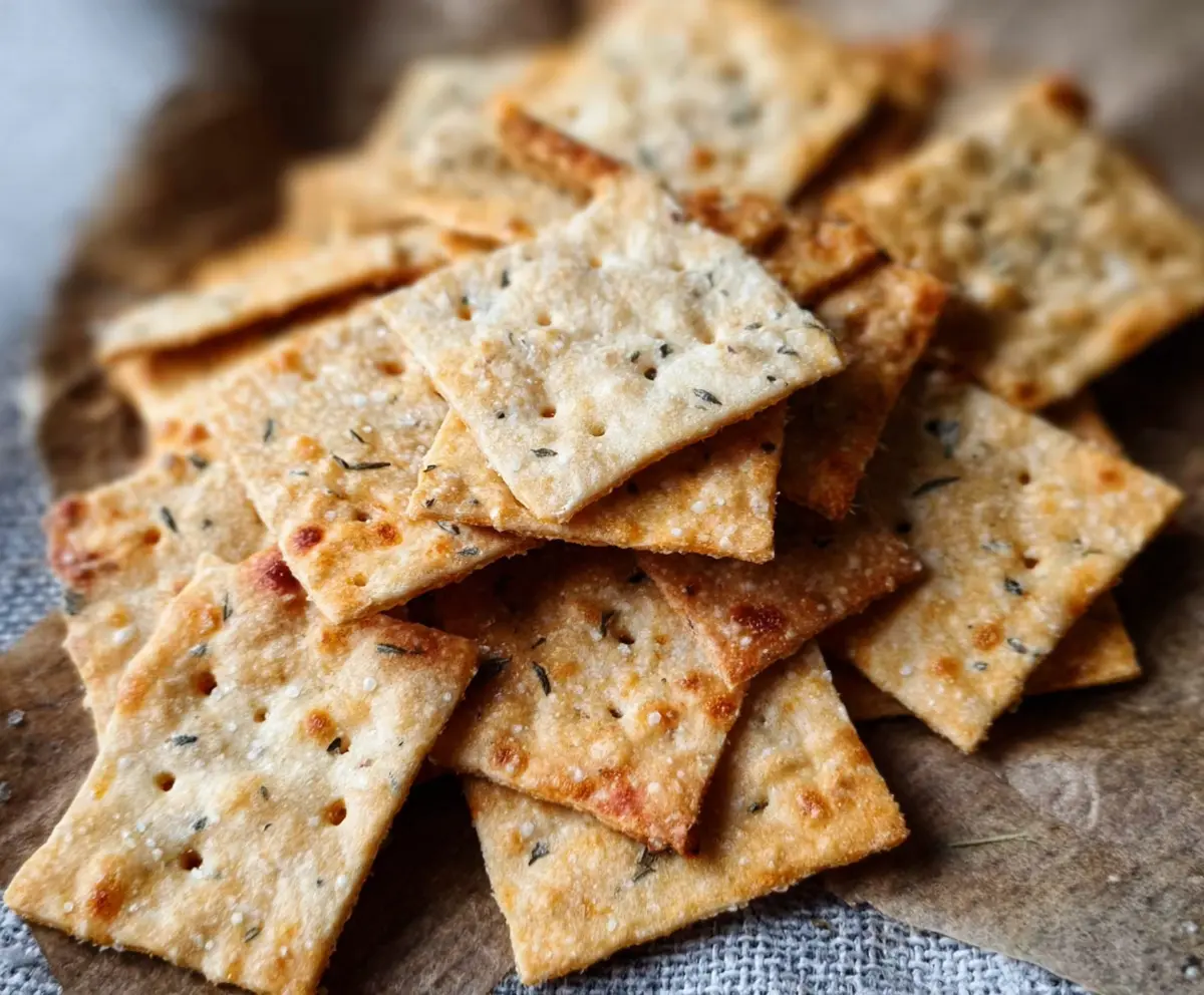 Crispy sourdough discard crackers baked to perfection, ideal for snacking or cheese platters.