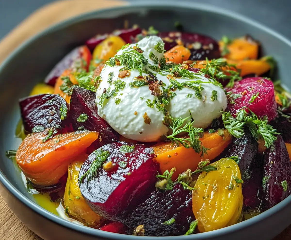 Colorful roasted beets and carrots salad topped with creamy burrata cheese, perfect for a healthy meal.
