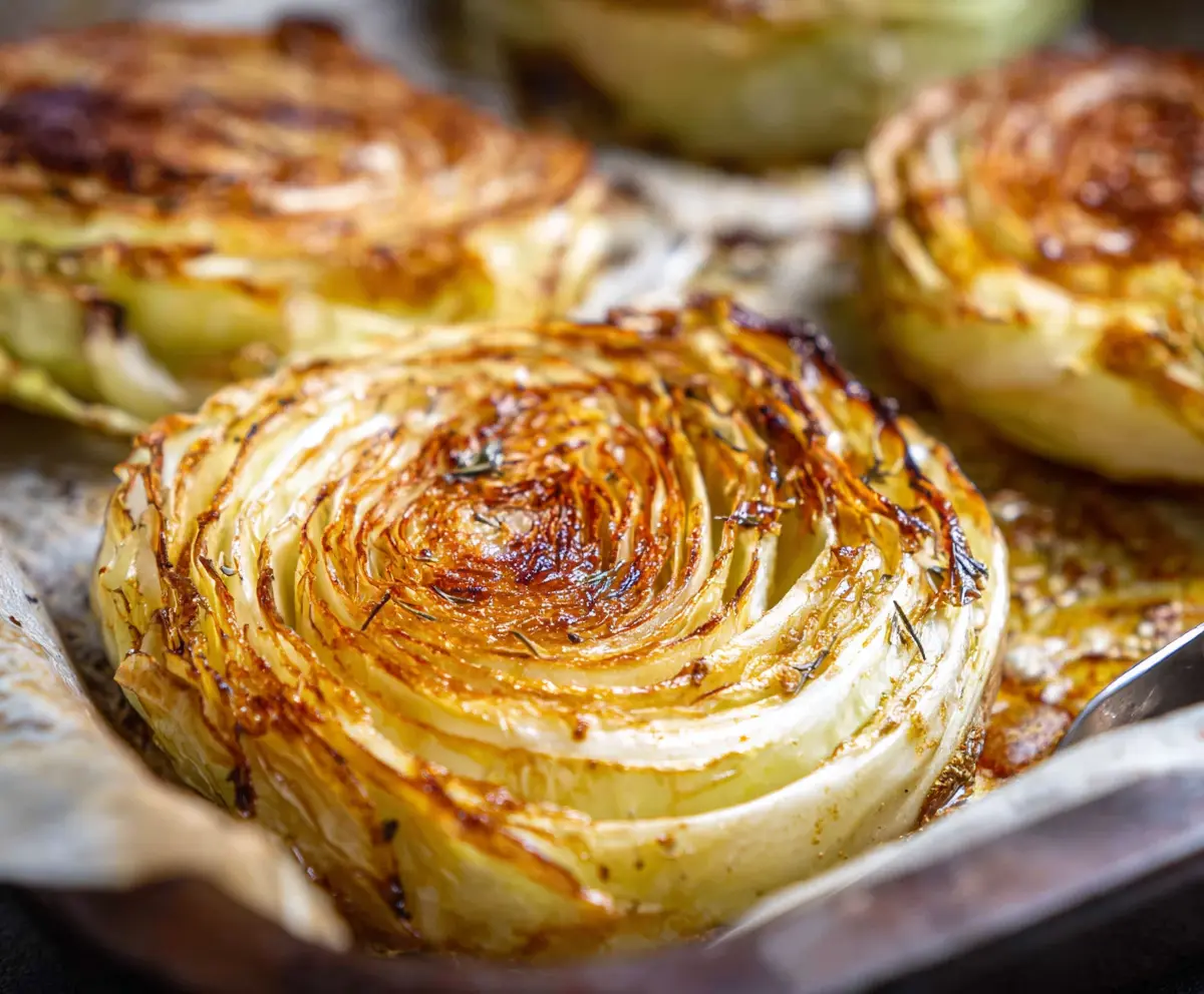 Delicious roasted cabbage steaks with caramelized edges on a cutting board, healthy vegan side dish.