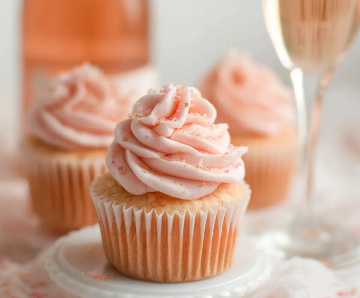 Delicious Rose Champagne Cupcakes with elegant pink frosting and edible rose decorations for a festive celebration.