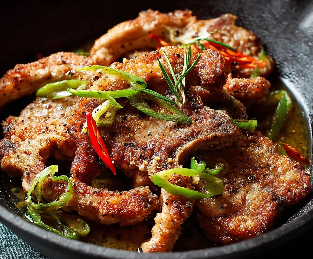 Juicy salt and pepper seasoned pork chops served on a plate with side vegetables